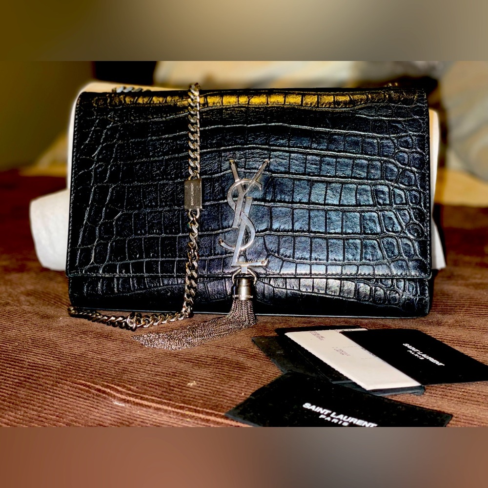 YSL medium KATE croc-embossed w/ silver hardware #consignment